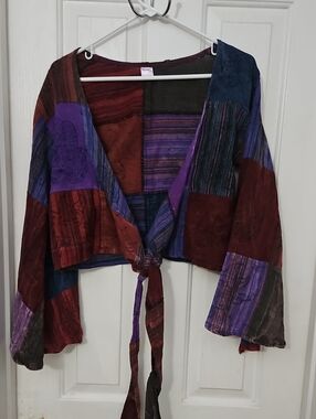 100% Cotton Patchwork Tie-Front Floral Sun Angel Bell Sleeves Large OS